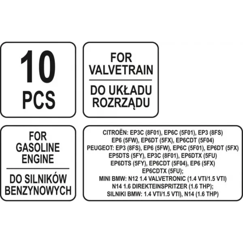 Набір для систем газорозподілу бензинового двигуна PSA / MINI 10 ел. YATO YT-06001 А-4